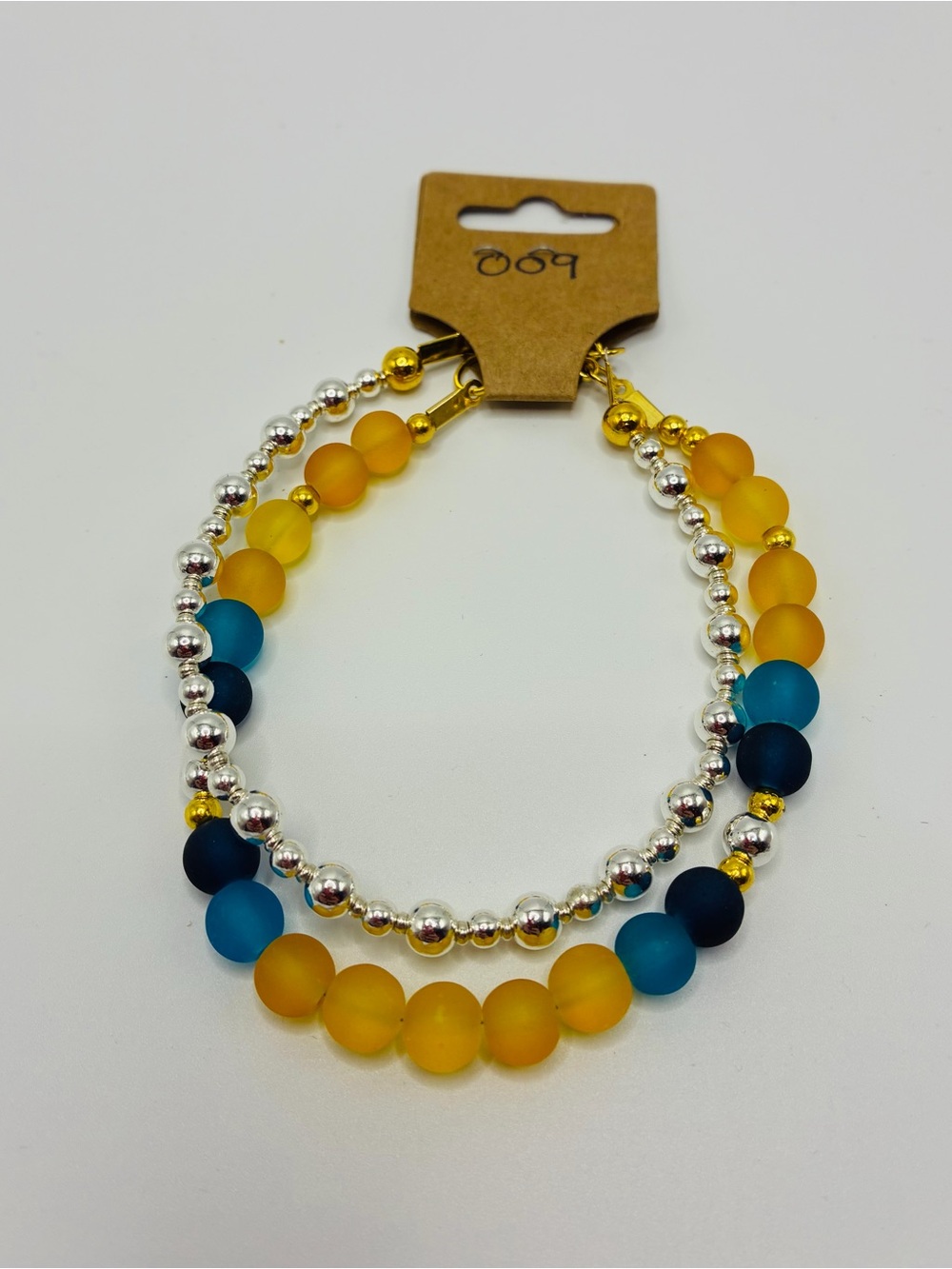 Gold and Teal Wire Beaded Dual Bracelet Lobster Claw 7” - Women Jewelry